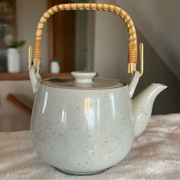 Vintage Asian Teapot Blue Scenery Bamboo Handle Stoneware Unmarked - Picture 5 of 12